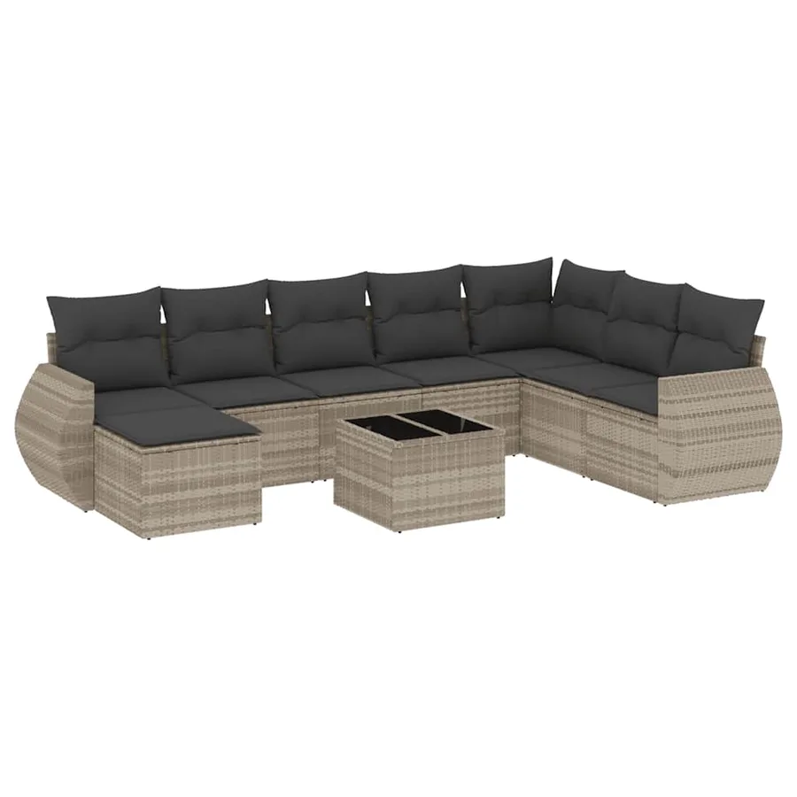 Salon de jardin 9 pcs avec coussins gris clair résine tressée - 2