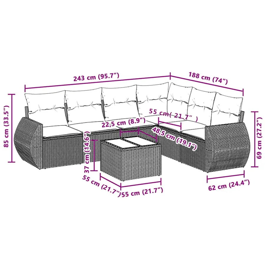 Salon de jardin avec coussins 7 pcs gris clair résine tressée - 8