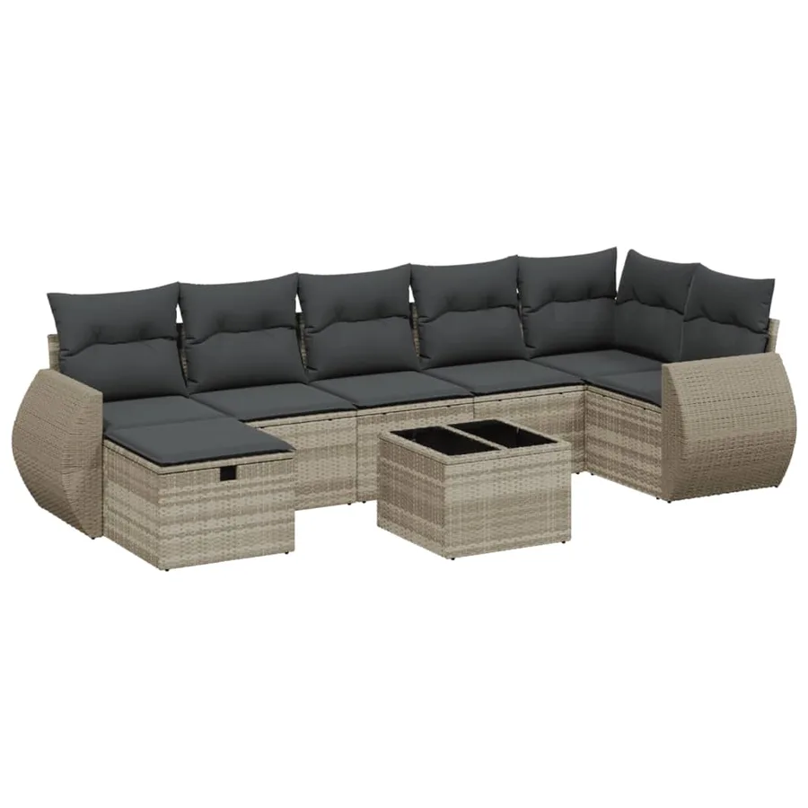 Salon de jardin 8 pcs avec coussins gris clair résine tressée - 2