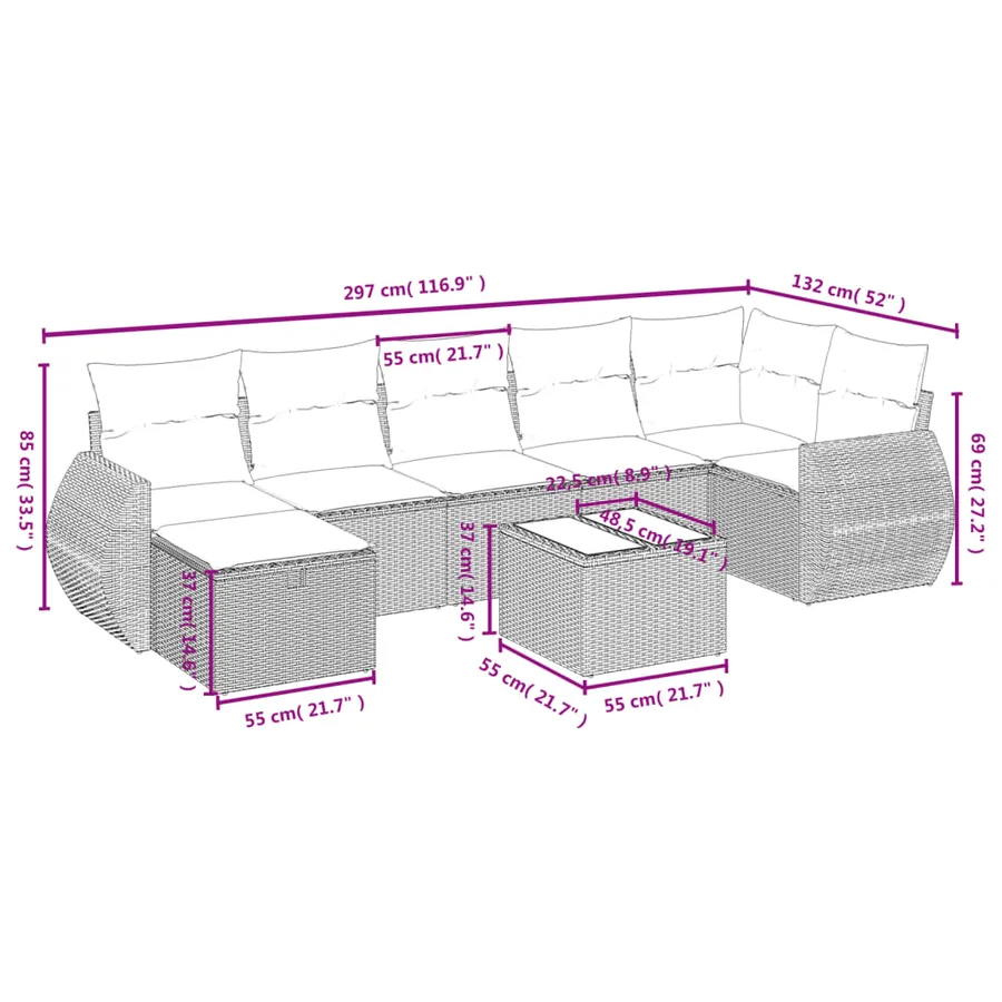 Salon de jardin 8 pcs avec coussins gris clair résine tressée - 4
