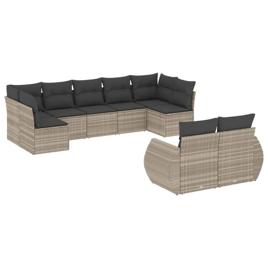 Salon de jardin 9 pcs avec coussins gris clair résine tressée - 2