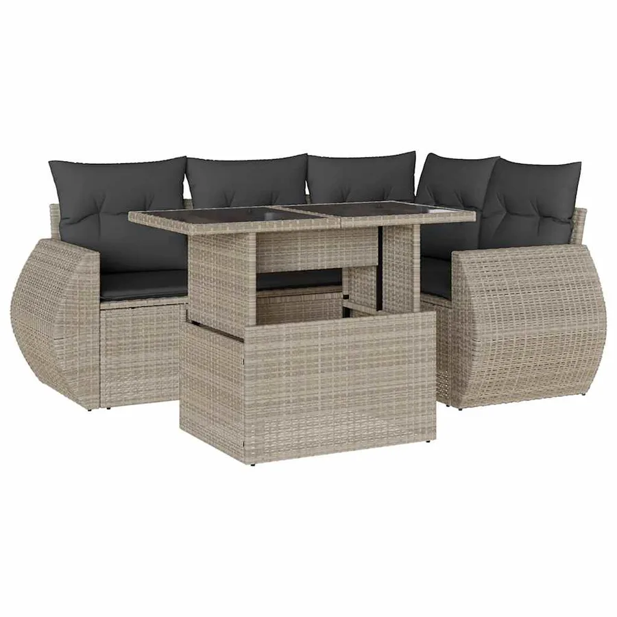 Salon de jardin 5 pcs avec coussins gris clair résine tressée - 2