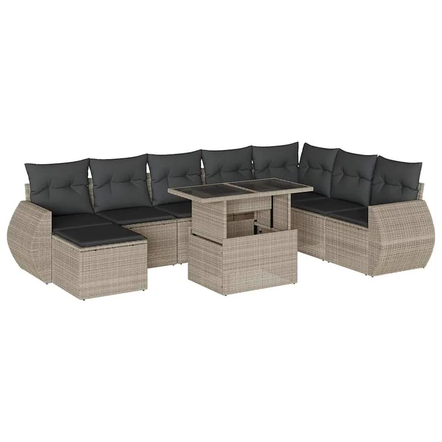 Salon de jardin 9 pcs avec coussins gris clair résine tressée - 2