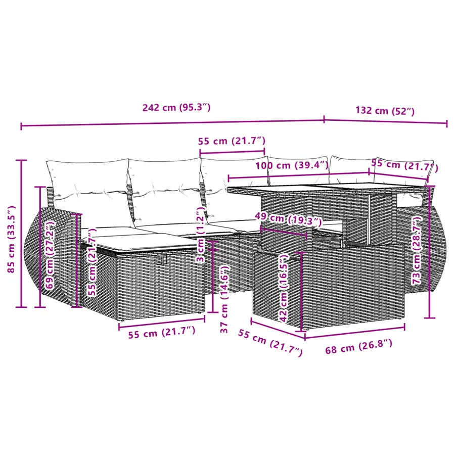 Salon de jardin avec coussins 7 pcs gris clair résine tressée - 13