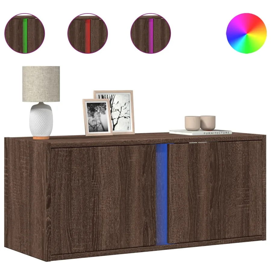 Meuble TV mural avec lumières LED chêne marron 80x31x35 cm - 2