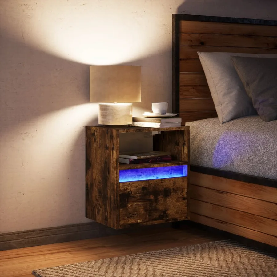Table de chevet murale avec lumières LED chêne fumé - 4