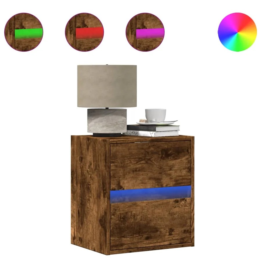 Table de chevet murale avec lumières LED chêne fumé - 2