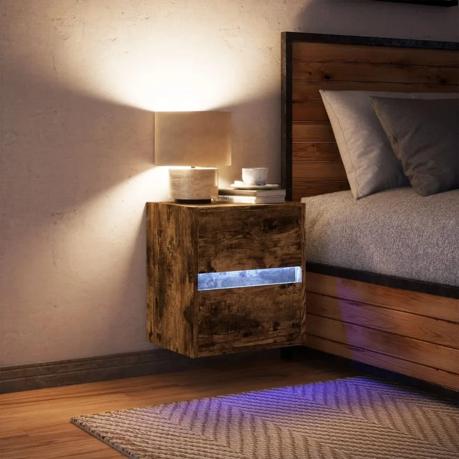 Table de chevet murale avec lumières LED chêne fumé - 3