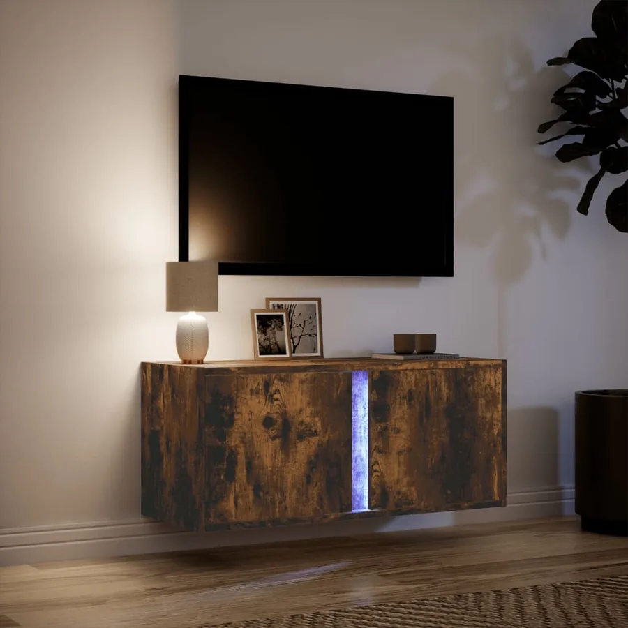 Meuble TV mural avec lumières LED chêne fumé 80x31x35 cm - 5