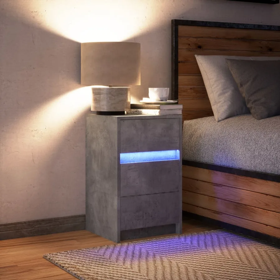 Armoire de chevet et lumières LED gris béton bois d'ingénierie - 5