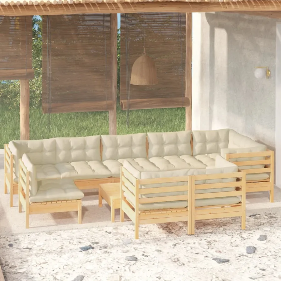 Salon de jardin 10 pcs avec coussins crème bois de pin massif