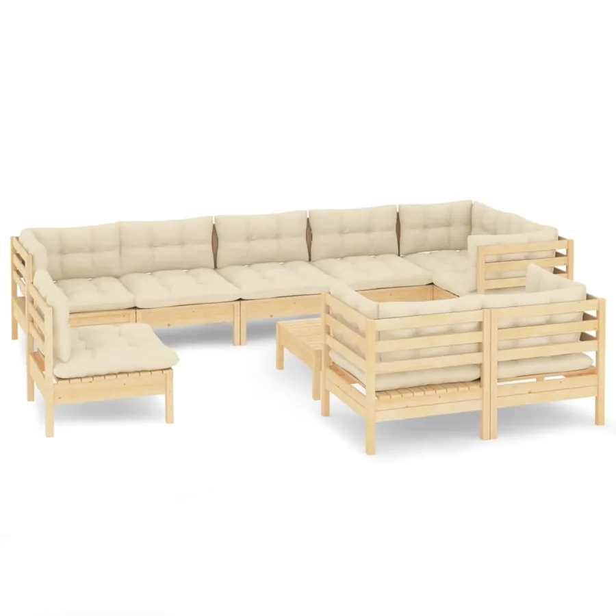 Salon de jardin 10 pcs avec coussins crème bois de pin massif - 2