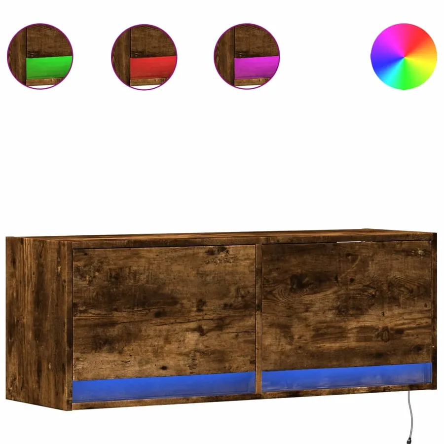 Meuble TV mural avec lumières LED chêne fumé 100x31x35 cm - 2
