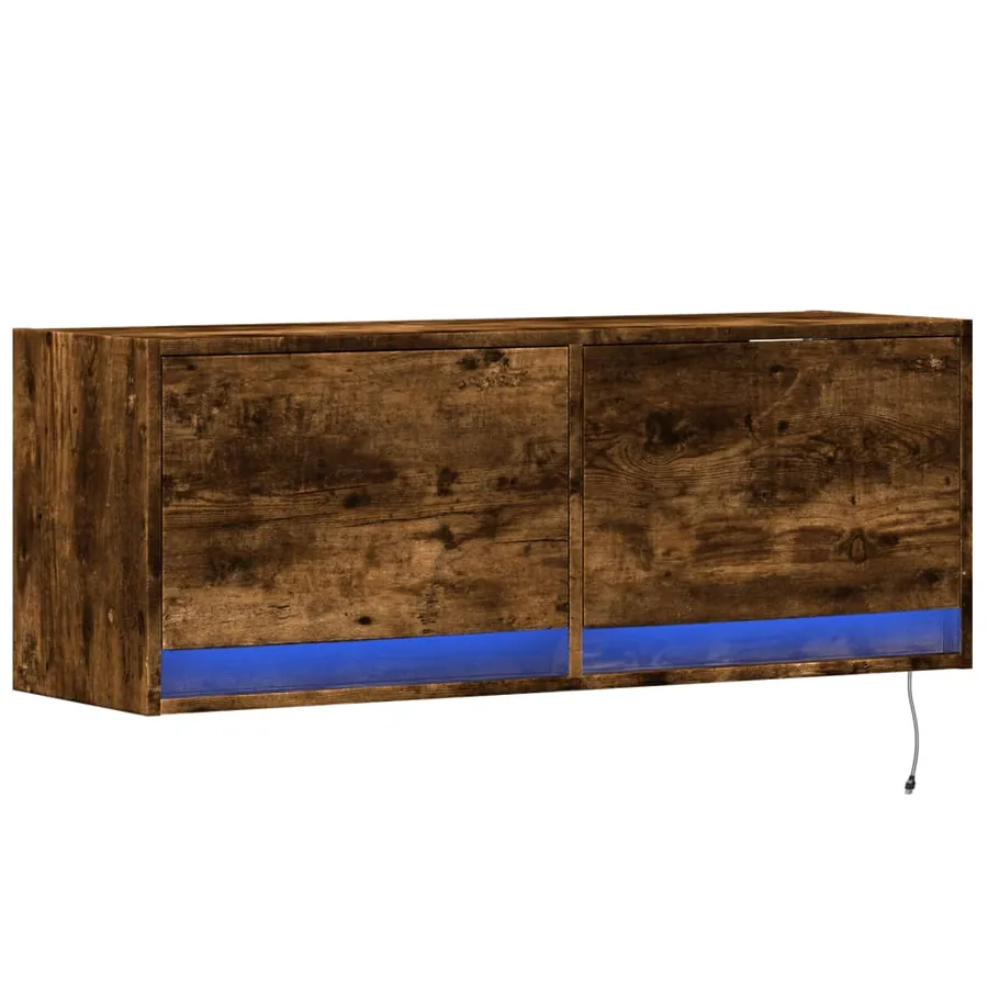 Meuble TV mural avec lumières LED chêne fumé 100x31x35 cm - 3