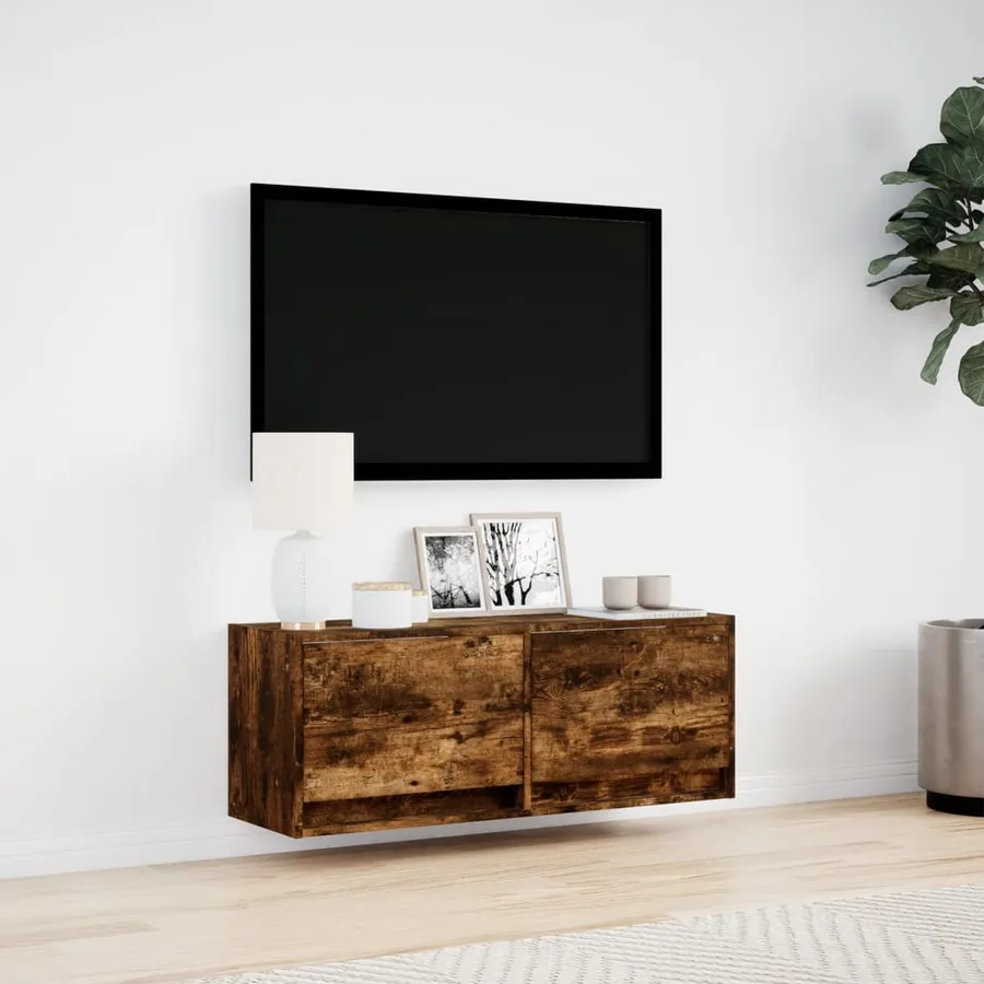 Meuble TV mural avec lumières LED chêne fumé 100x31x35 cm - 4