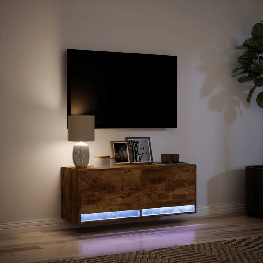 Meuble TV mural avec lumières LED chêne fumé 100x31x35 cm - 5