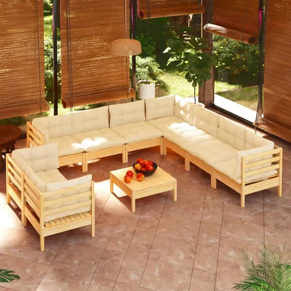 Salon de jardin 10 pcs avec coussins crème bois de pin massif