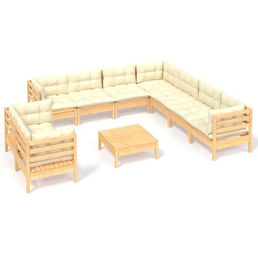Salon de jardin 10 pcs avec coussins crème bois de pin massif - 2