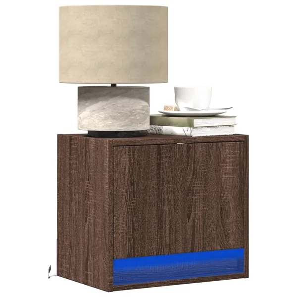 Tables de chevet murales avec lumières LED 2 pcs chêne marron