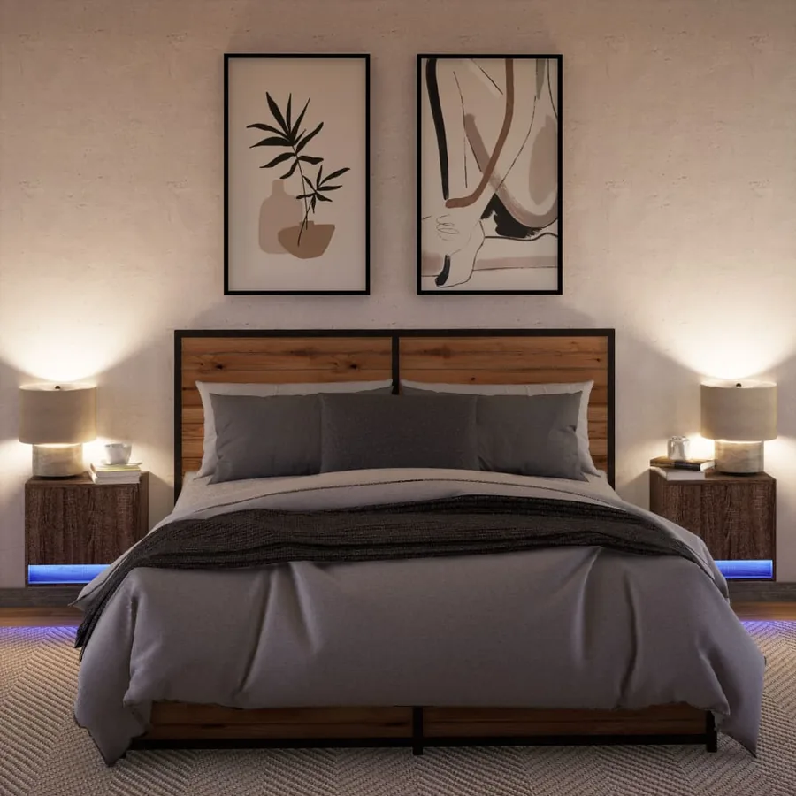 Tables de chevet murales avec lumières LED 2 pcs chêne marron - 5