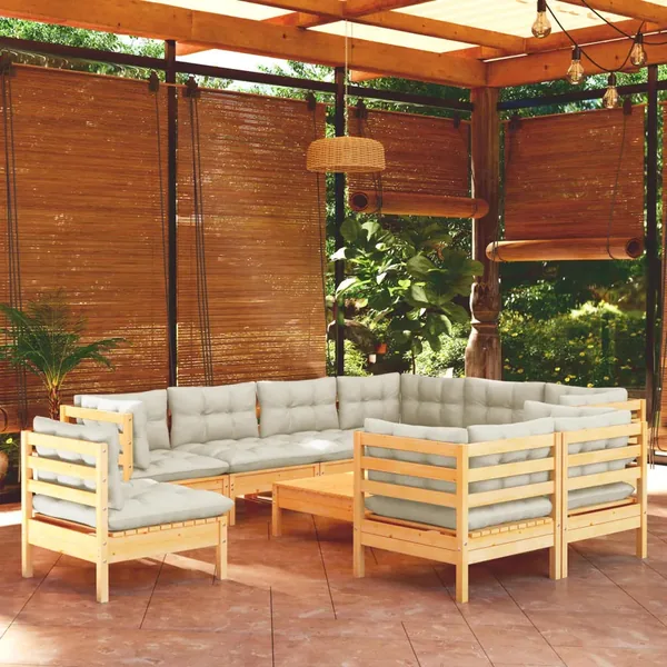 Salon de jardin 10 pcs avec coussins crème bois de pin massif