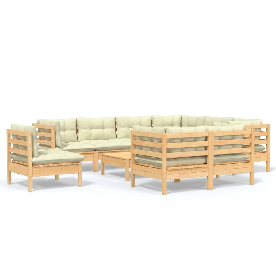 Salon de jardin 10 pcs avec coussins crème bois de pin massif - 2