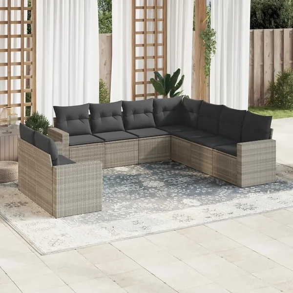 Salon de jardin 9 pcs avec coussins gris clair résine tressée