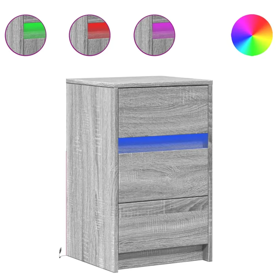 Armoire de chevet et lumières LED sonoma gris bois d'ingénierie - 2