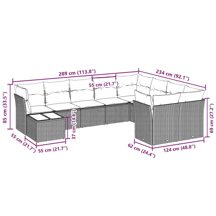 Salon de jardin avec coussins 10 pcs gris clair résine tressée - 3
