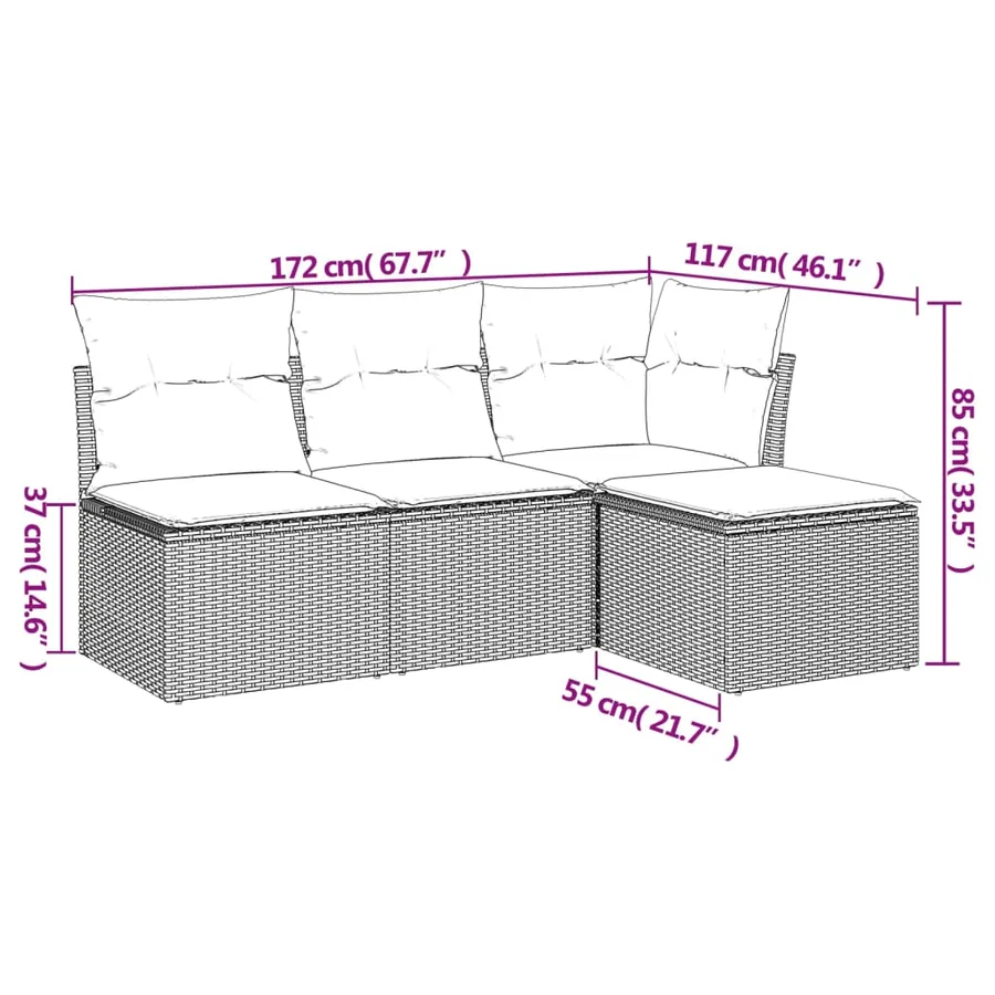 Salon de jardin 4 pcs avec coussins gris clair résine tressée - 3
