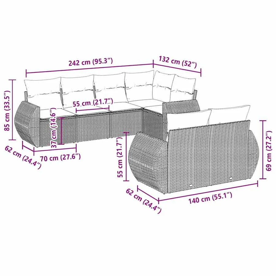 Salon de jardin avec coussins 7 pcs gris clair résine tressée - 3