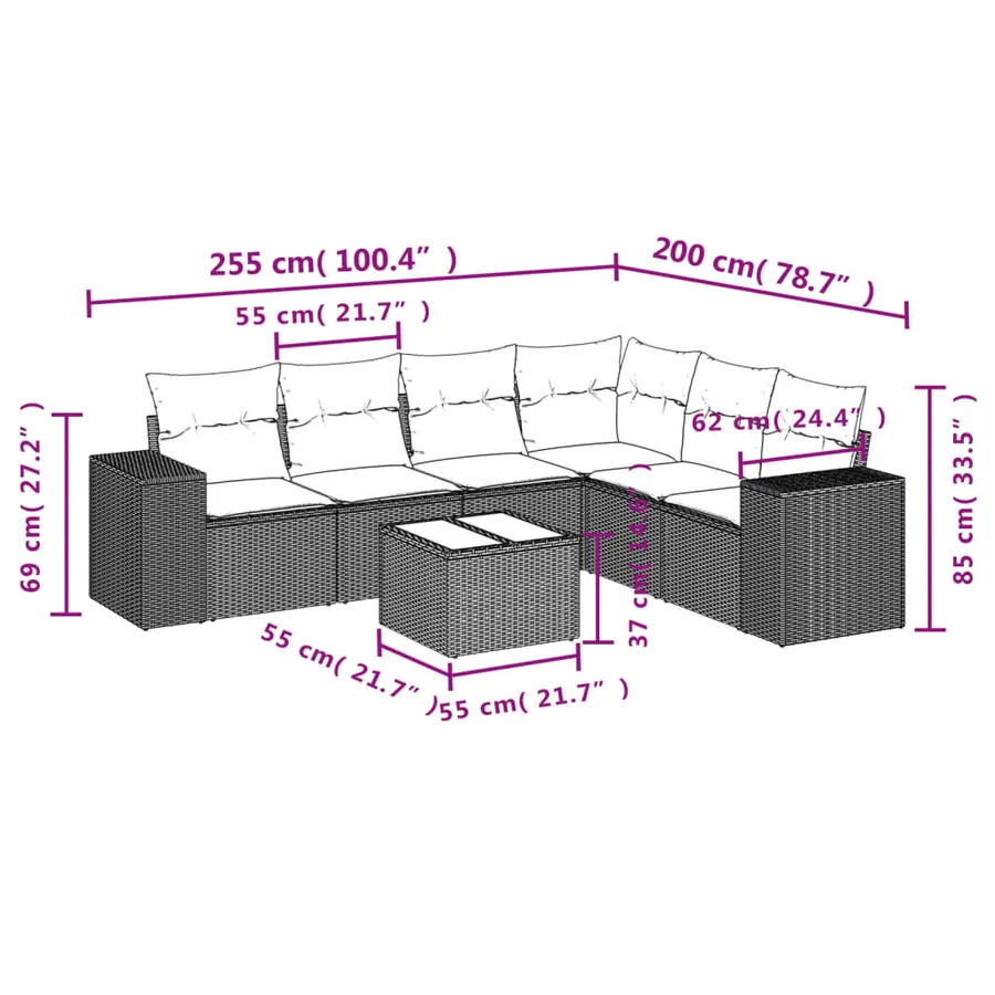 Salon de jardin avec coussins 7 pcs gris clair résine tressée - 3