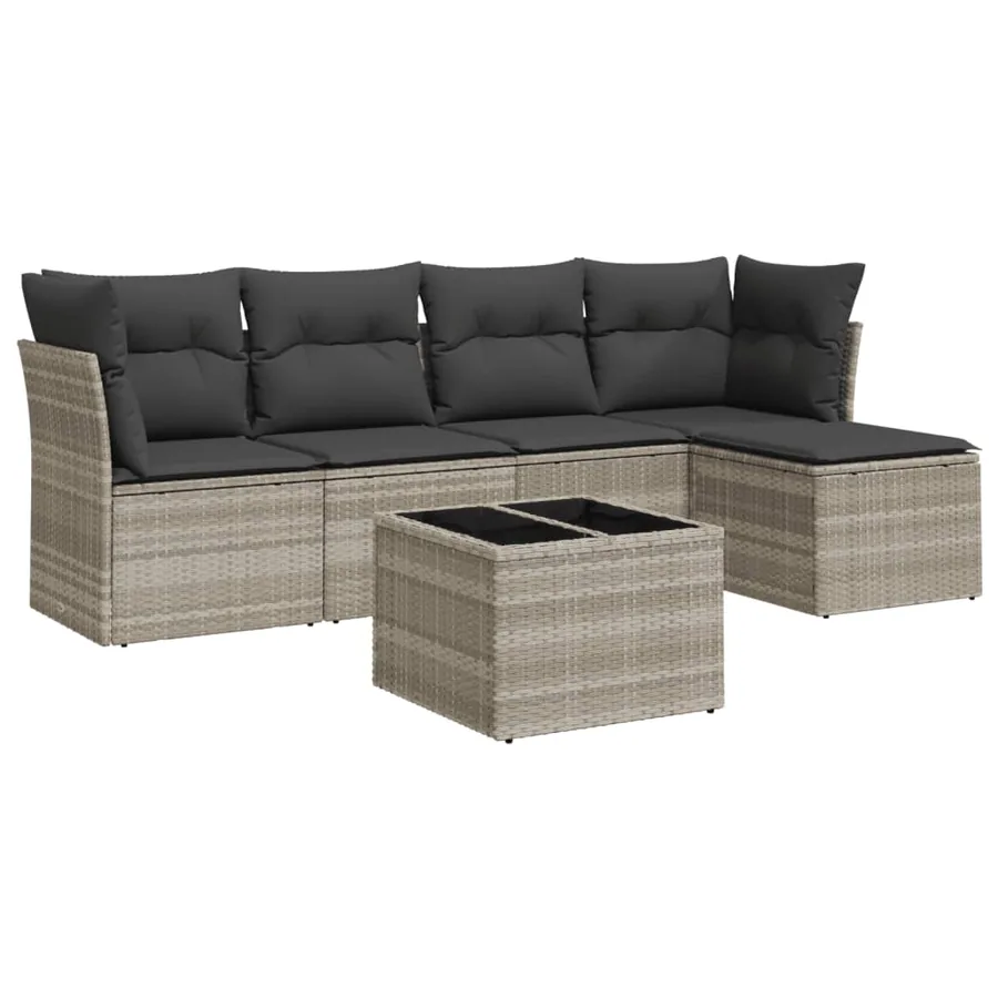 Salon de jardin 6 pcs avec coussins gris clair résine tressée - 2