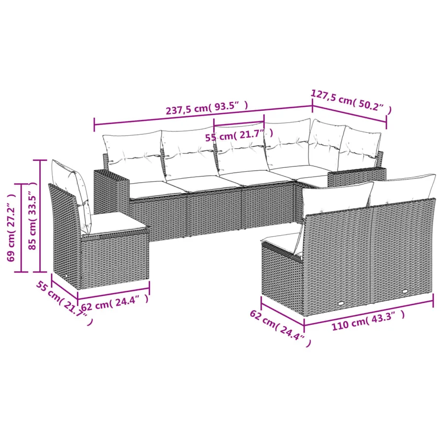 Salon de jardin 8 pcs avec coussins gris clair résine tressée - 3