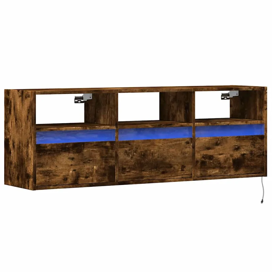 Meuble TV mural avec lumières LED chêne fumé 130x31x45 cm - 3