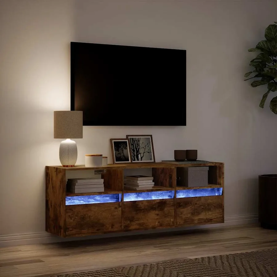 Meuble TV mural avec lumières LED chêne fumé 130x31x45 cm - 5