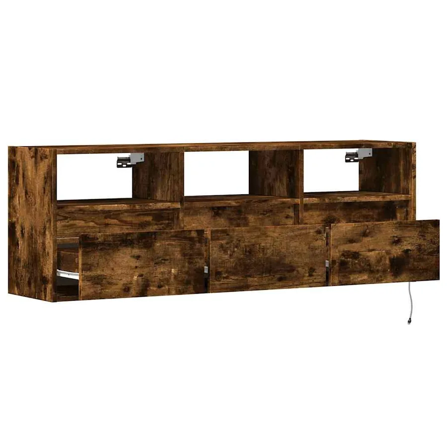 Meuble TV mural avec lumières LED chêne fumé 130x31x45 cm - 9