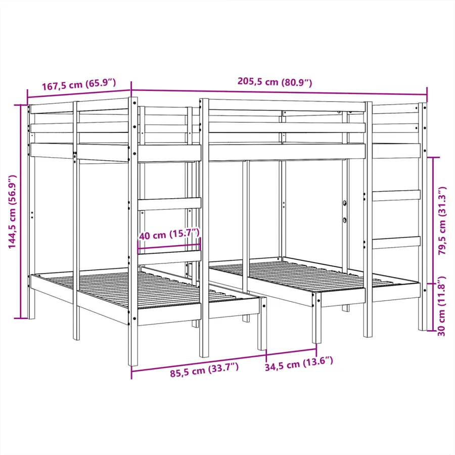 Lit superposé triple 160x200/80x160 cm bois de pin massif - 10