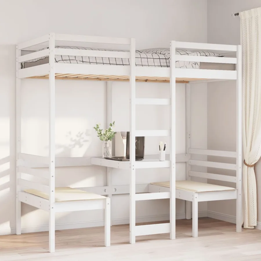 Lit mezzanine avec bureau et chaises blanc 75x190 cm pin massif - 3