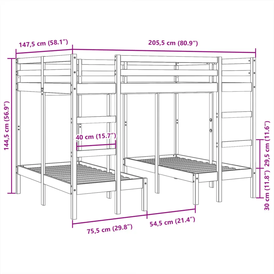 Lit superposé triple 140x200/70x140 cm bois de pin massif - 10