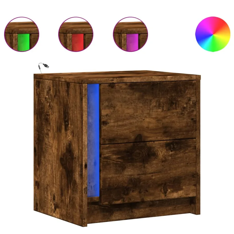 Armoire de chevet et lumières LED chêne fumé bois d'ingénierie - 2