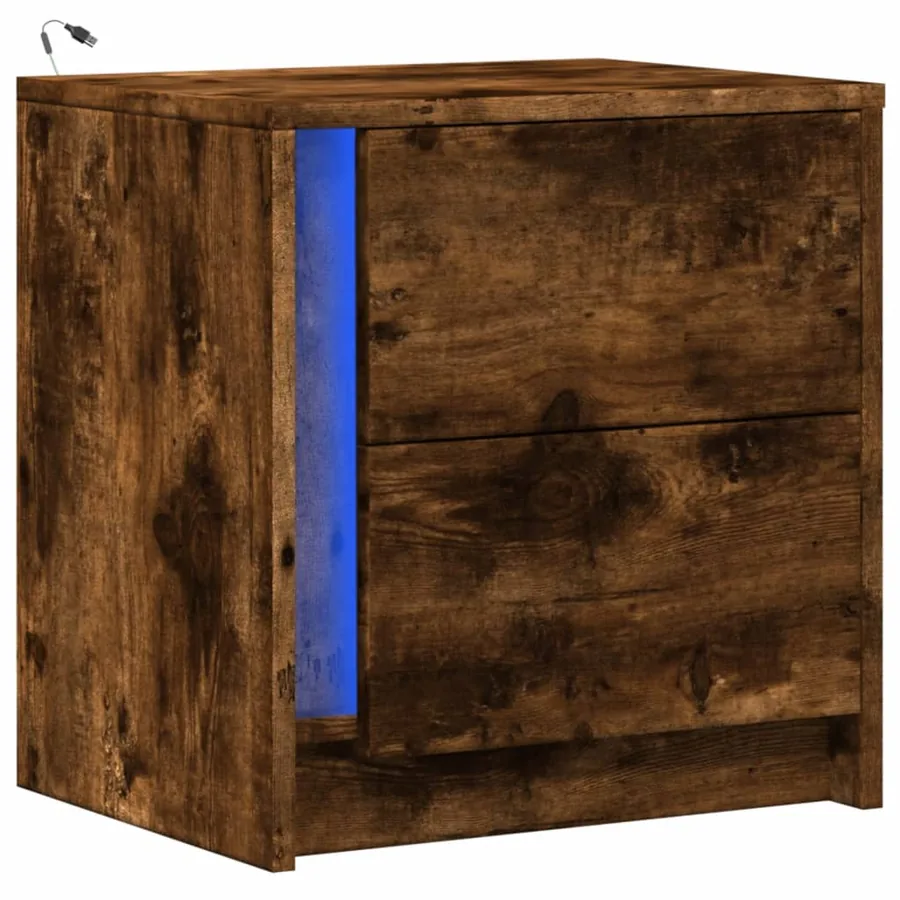 Armoire de chevet et lumières LED chêne fumé bois d'ingénierie - 3