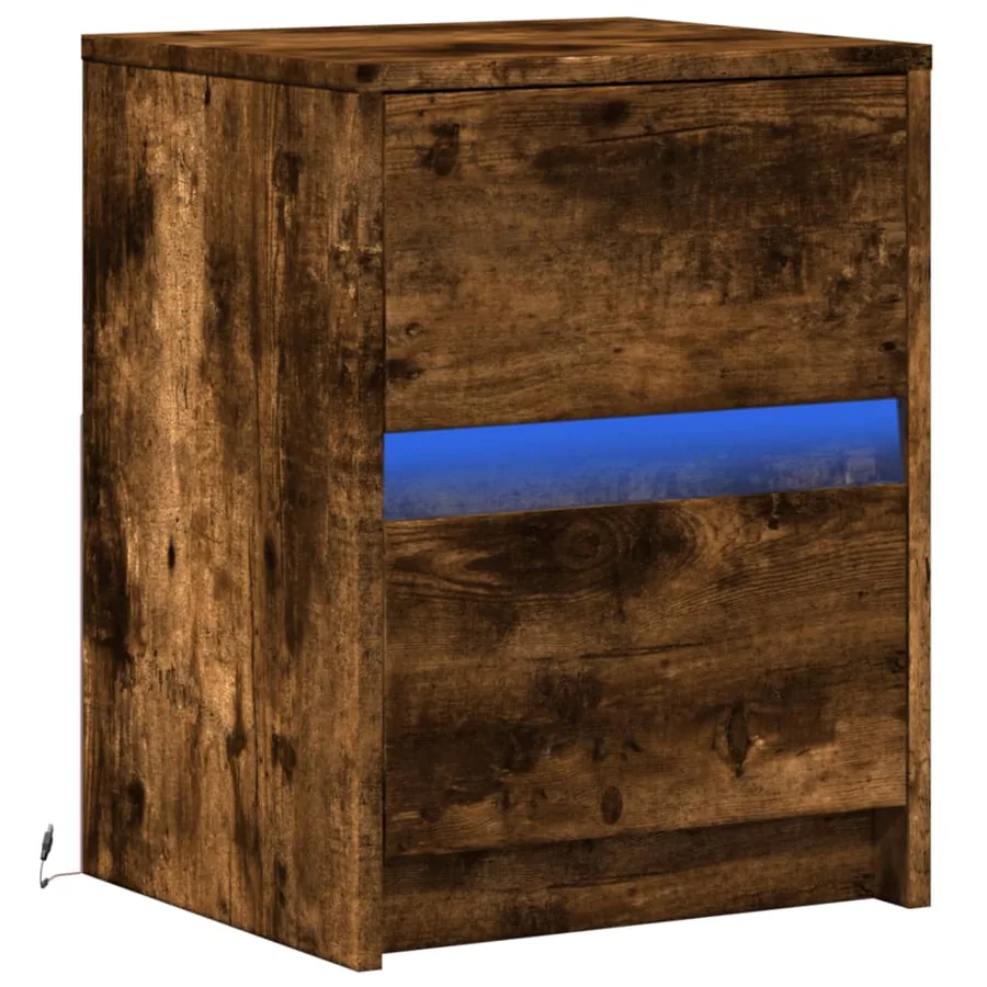 Armoire de chevet et lumières LED chêne fumé bois d'ingénierie - 3