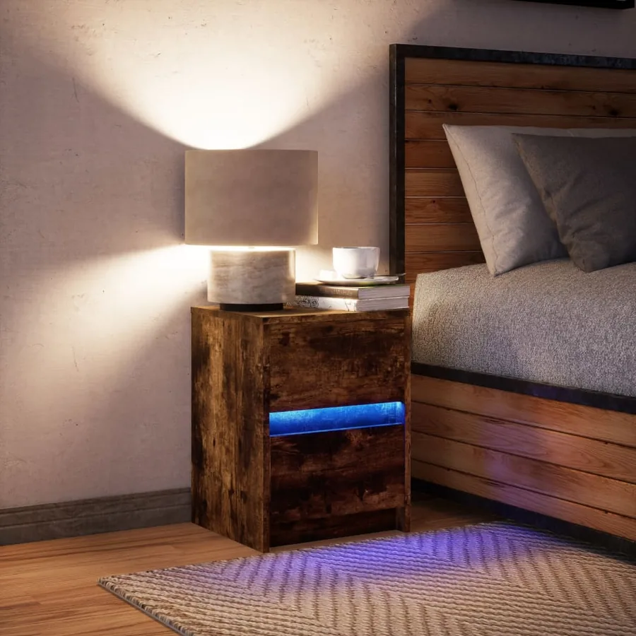Armoire de chevet et lumières LED chêne fumé bois d'ingénierie - 5