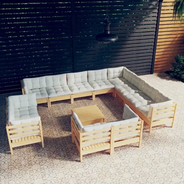 Salon de jardin 13 pcs avec coussins crème Bois de pin solide