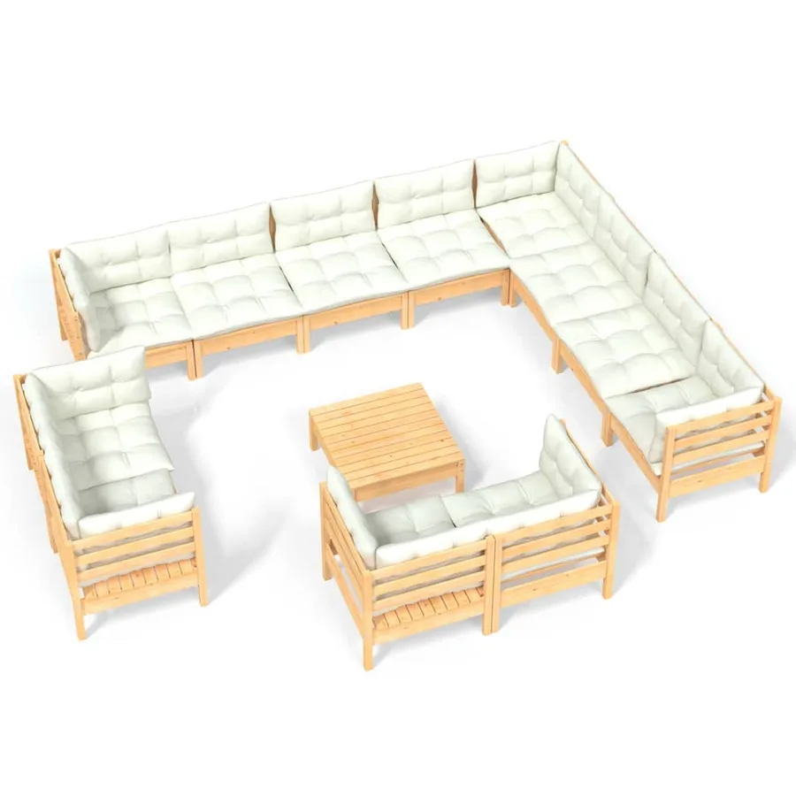 Salon de jardin 13 pcs avec coussins crème Bois de pin solide - 2