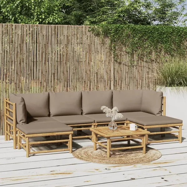 Salon de jardin 7 pcs avec coussins taupe bambou