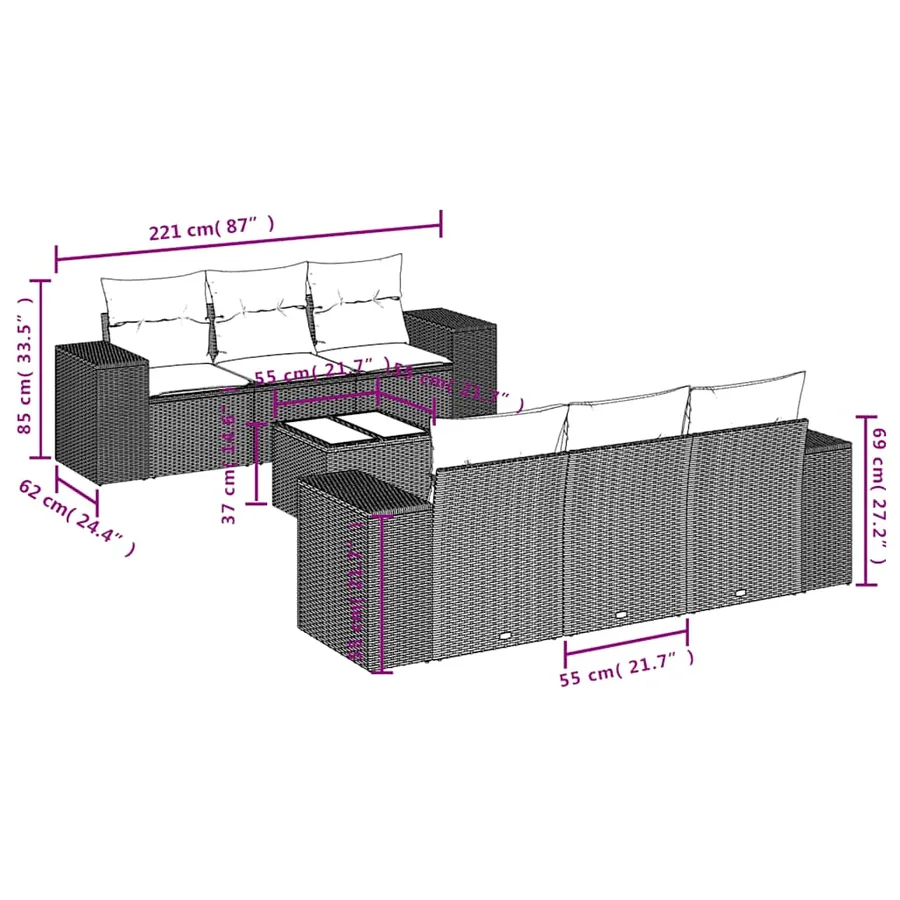 Salon de jardin avec coussins 7 pcs gris clair résine tressée - 7