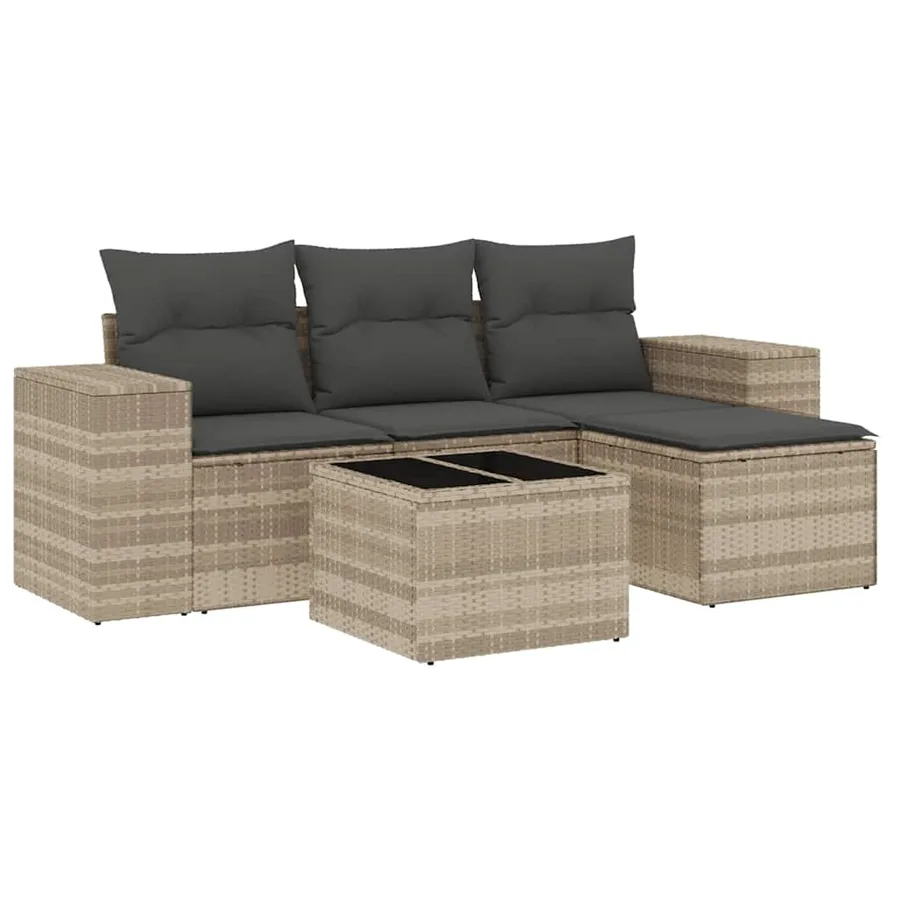 Salon de jardin 5 pcs avec coussins gris clair résine tressée - 2