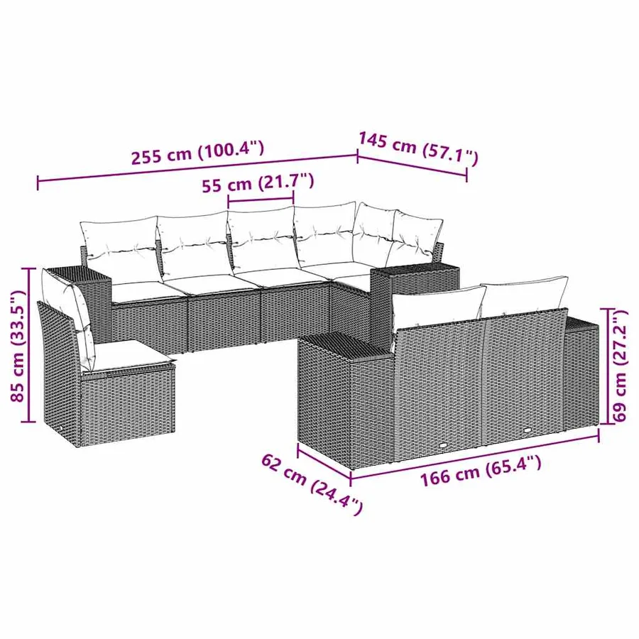 Salon de jardin 8 pcs avec coussins gris clair résine tressée - 7